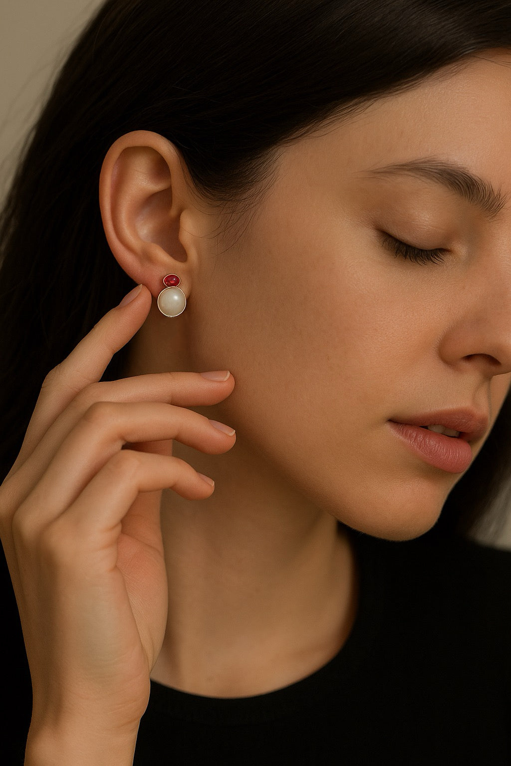 ‘Dual Lumina’ Blue Blood Australian White Pearl & Ruby & Emerald AB Earrings