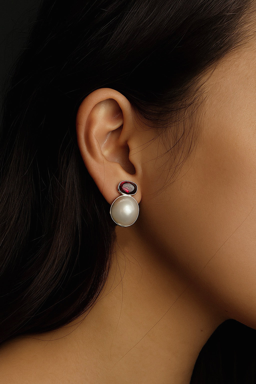 ‘Dual Lumina’ Blue Blood Australian White Pearl & Ruby & Emerald AB Earrings