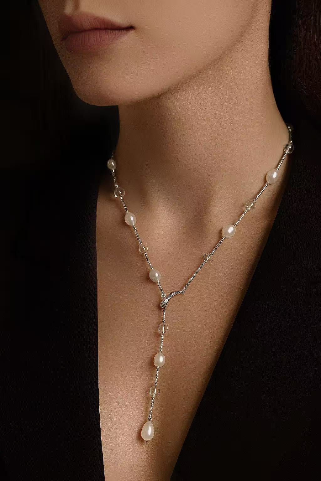 “Moonlit Stream” Freshwater Pearl & Clear Crystal Necklace