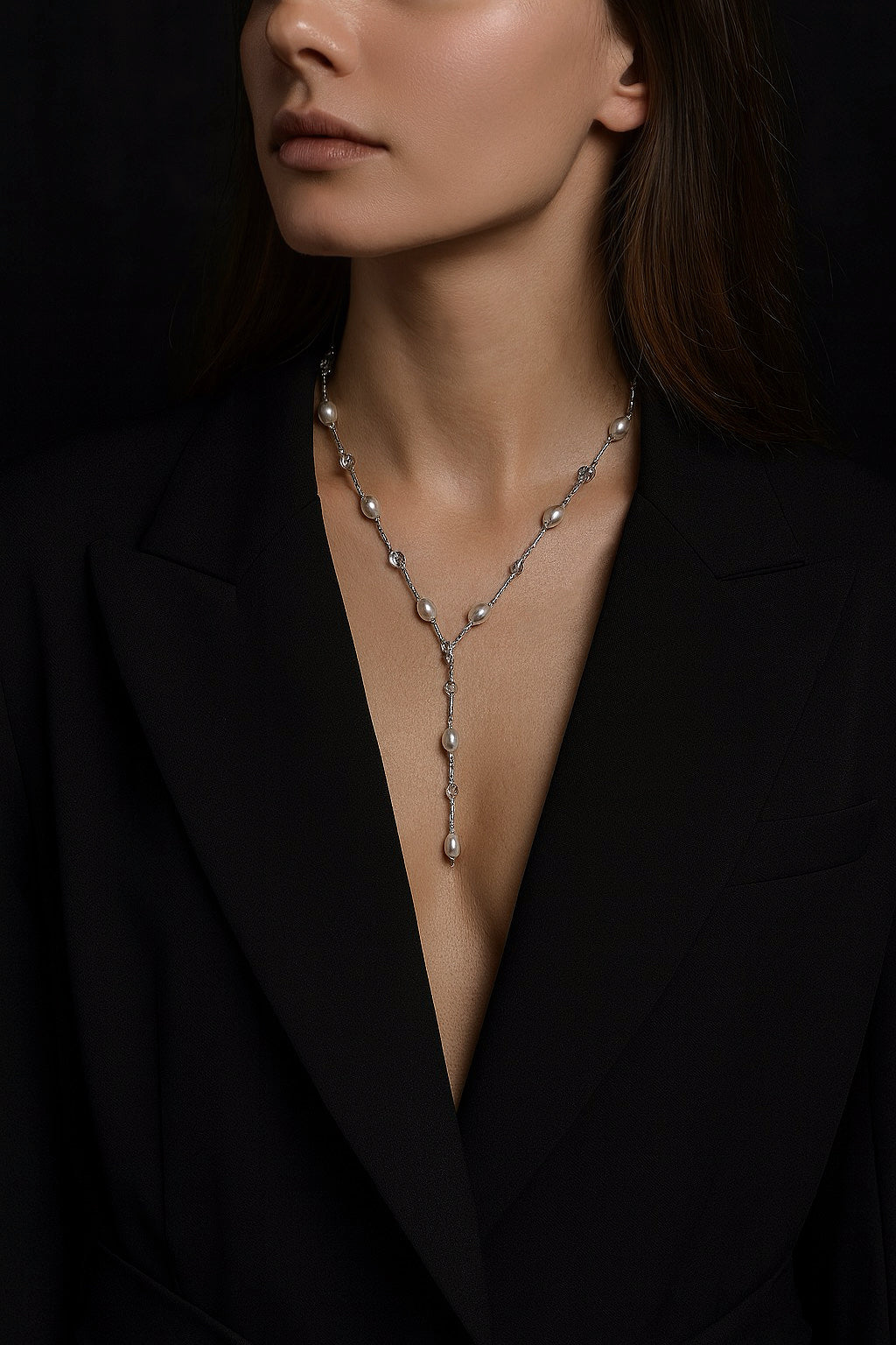 “Moonlit Stream” Freshwater Pearl & Clear Crystal Necklace