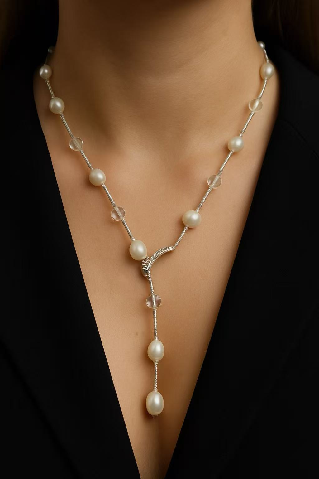 “Moonlit Stream” Freshwater Pearl & Clear Crystal Necklace
