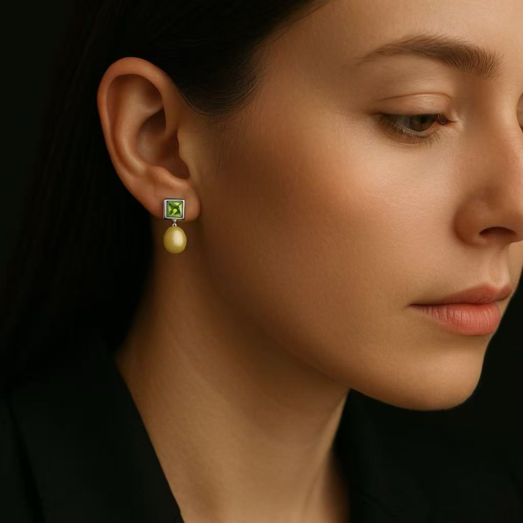 ‘Vineyard’ Natural Green Peridot & White Australian Opal Stud Earrings