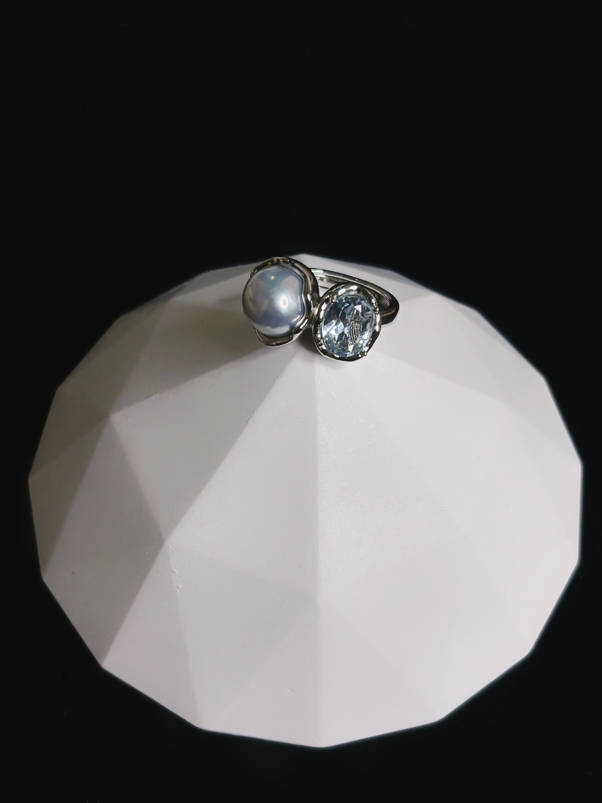 'Pure Encounter' Blue Blood Sea Water Australian White Pearl & Aquamarine Twin-Stone Ring