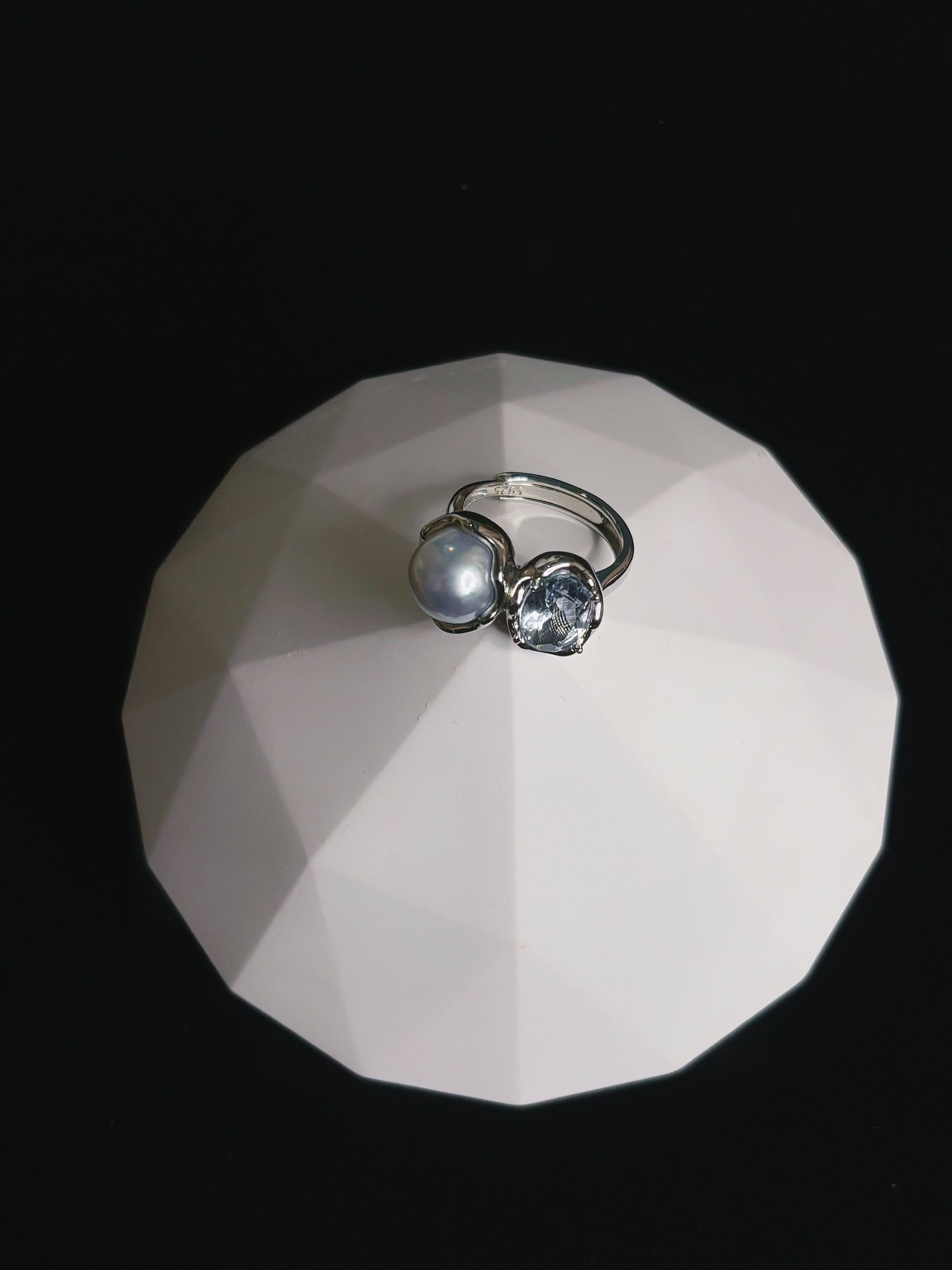 'Pure Encounter' Blue Blood Sea Water Australian White Pearl & Aquamarine Twin-Stone Ring