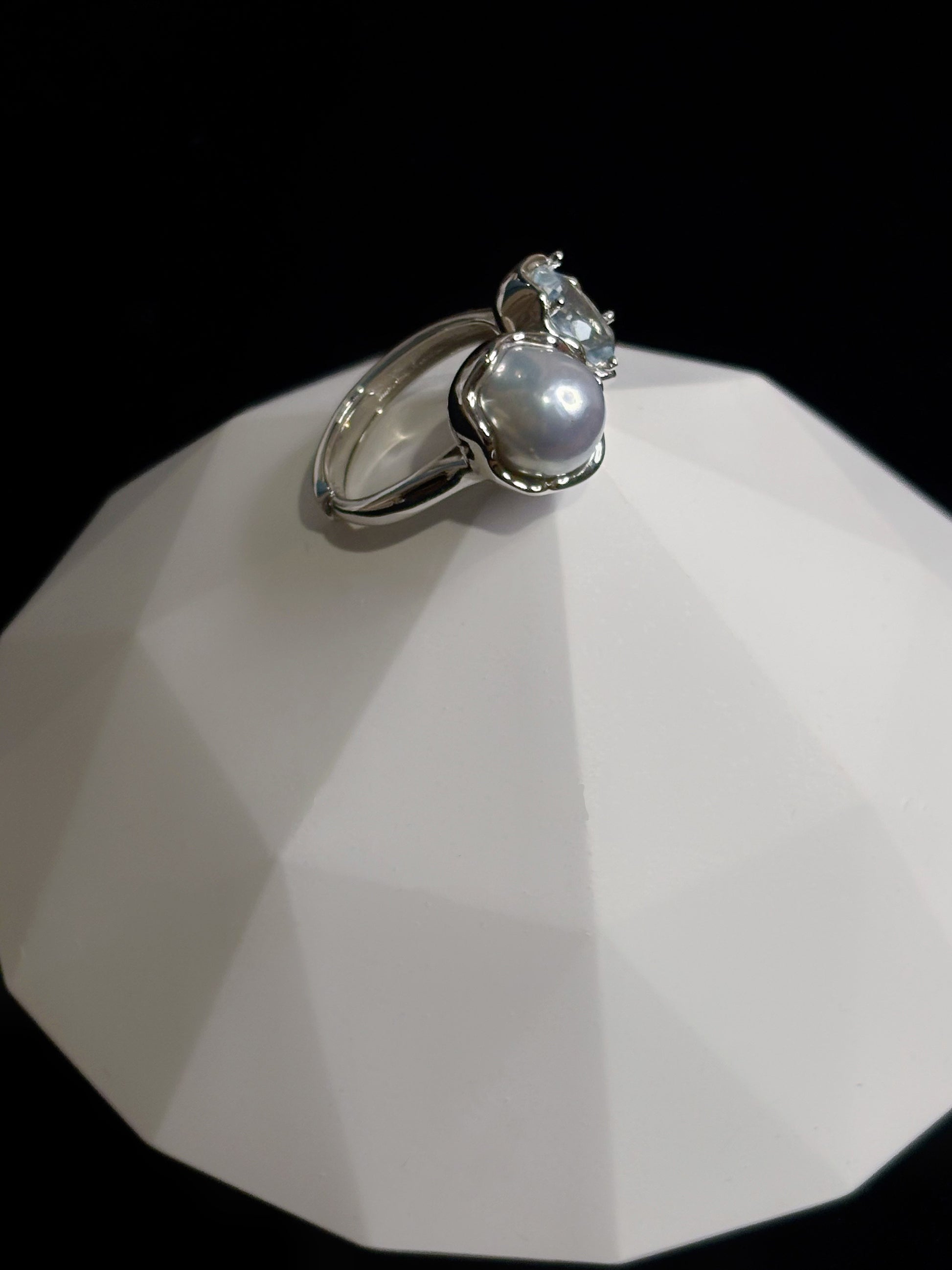 'Pure Encounter' Blue Blood Sea Water Australian White Pearl & Aquamarine Twin-Stone Ring