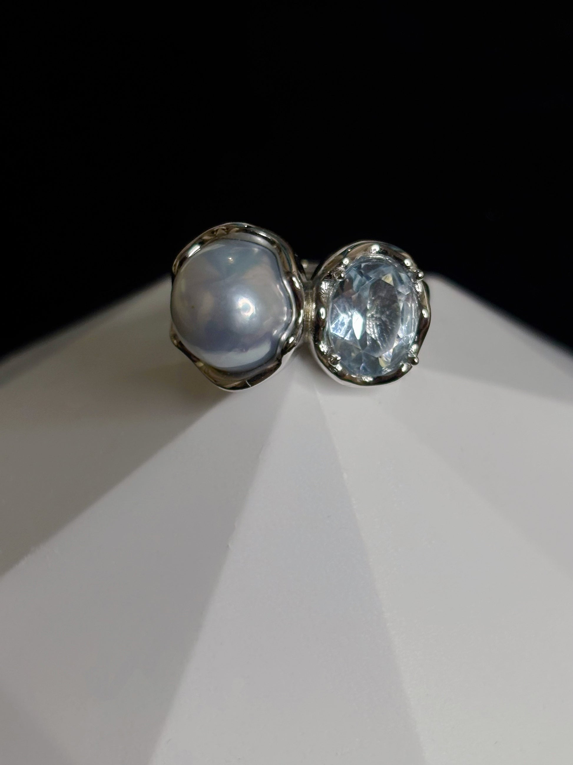'Pure Encounter' Blue Blood Sea Water Australian White Pearl & Aquamarine Twin-Stone Ring