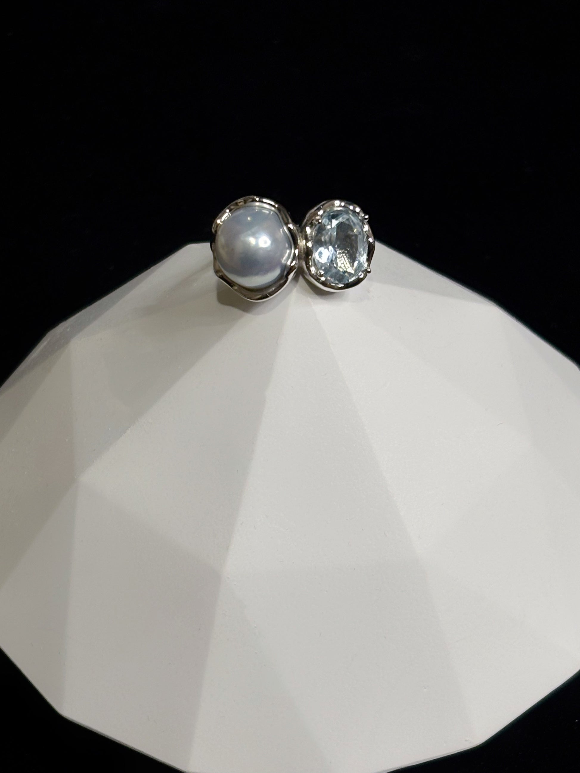 'Pure Encounter' Blue Blood Sea Water Australian White Pearl & Aquamarine Twin-Stone Ring