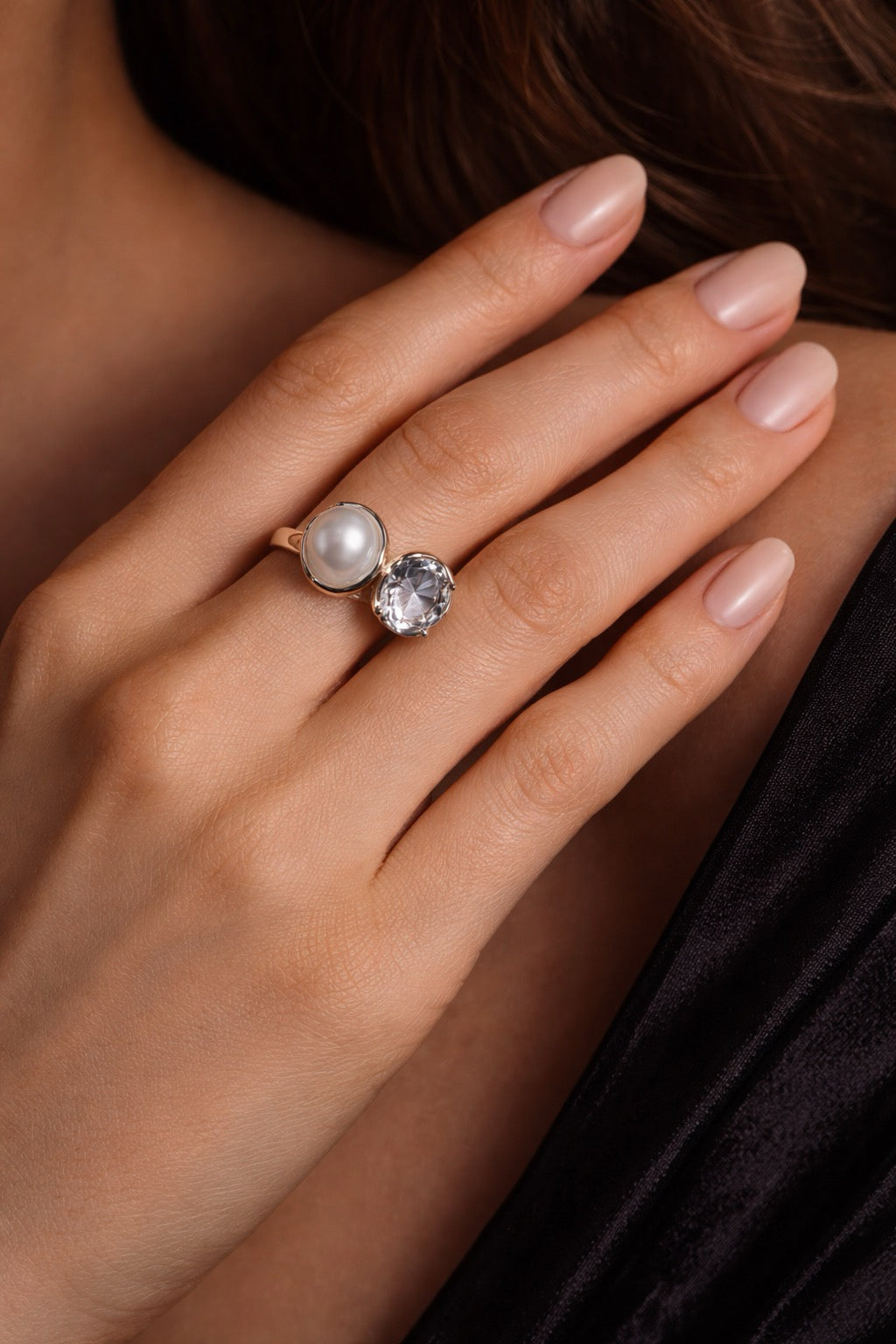 'Pure Encounter' Blue Blood Sea Water Australian White Pearl & Aquamarine Twin-Stone Ring