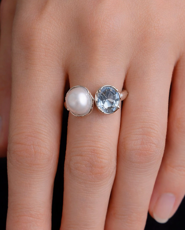 'Pure Encounter' Blue Blood Sea Water Australian White Pearl & Aquamarine Twin-Stone Ring
