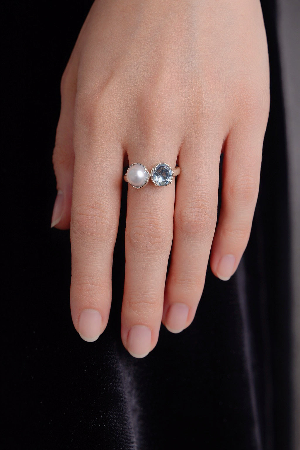'Pure Encounter' Blue Blood Sea Water Australian White Pearl & Aquamarine Twin-Stone Ring