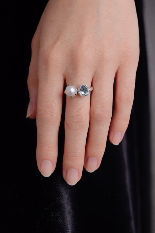 'Pure Encounter' Blue Blood Sea Water Australian White Pearl & Aquamarine Twin-Stone Ring