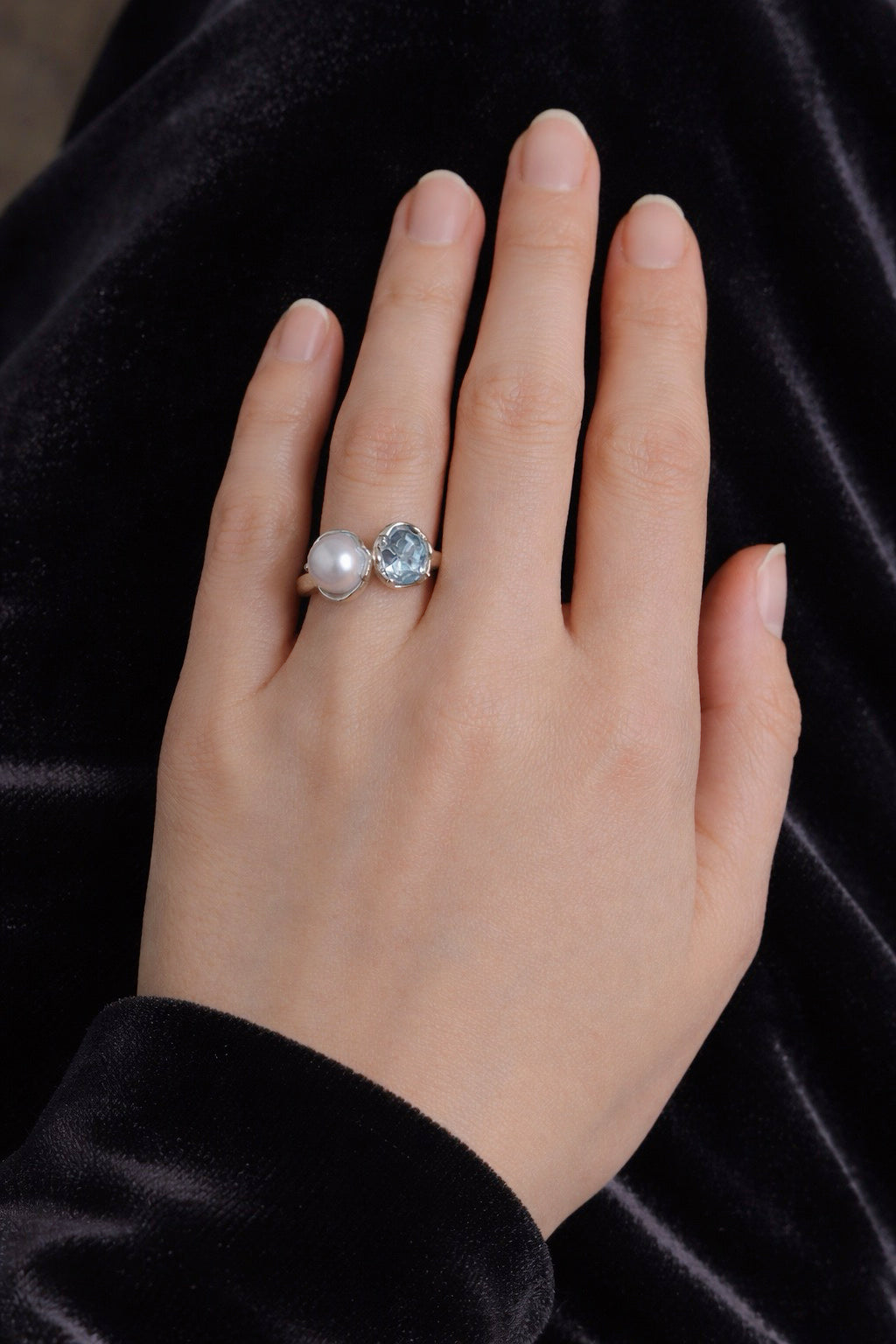 'Pure Encounter' Blue Blood Sea Water Australian White Pearl & Aquamarine Twin-Stone Ring