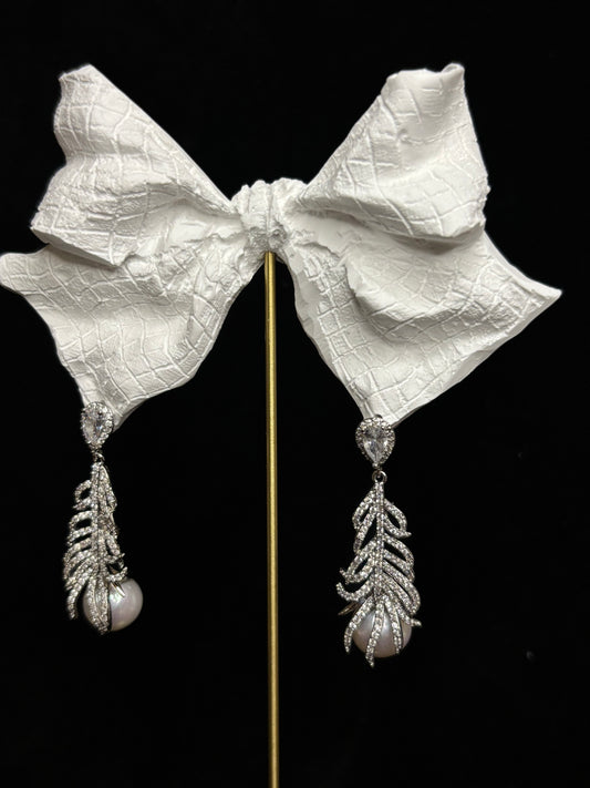 “Angel Wings” Aurora Freshwater Pearl Sterling Silver Feather Design Earrings