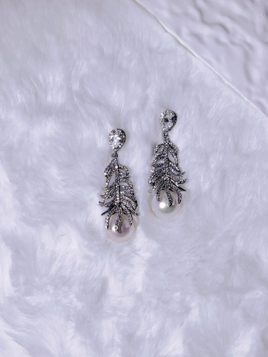 “Angel Wings” Aurora Freshwater Pearl Sterling Silver Feather Design Earrings