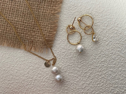 Milky Way Double ring pearl earrings