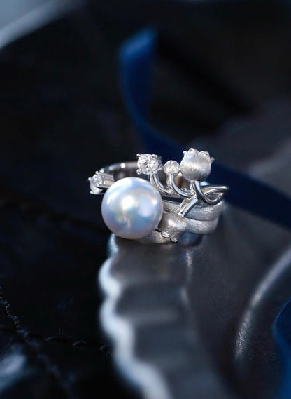 Blue Lily of the valley Akoya Pearl Ring
