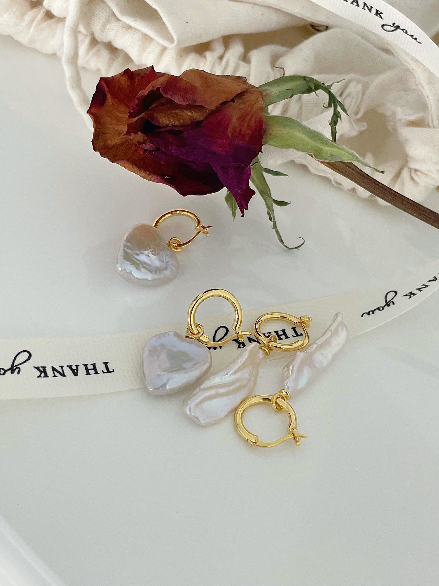 Peach Heart Cream Purple Flat Baroque Earrings