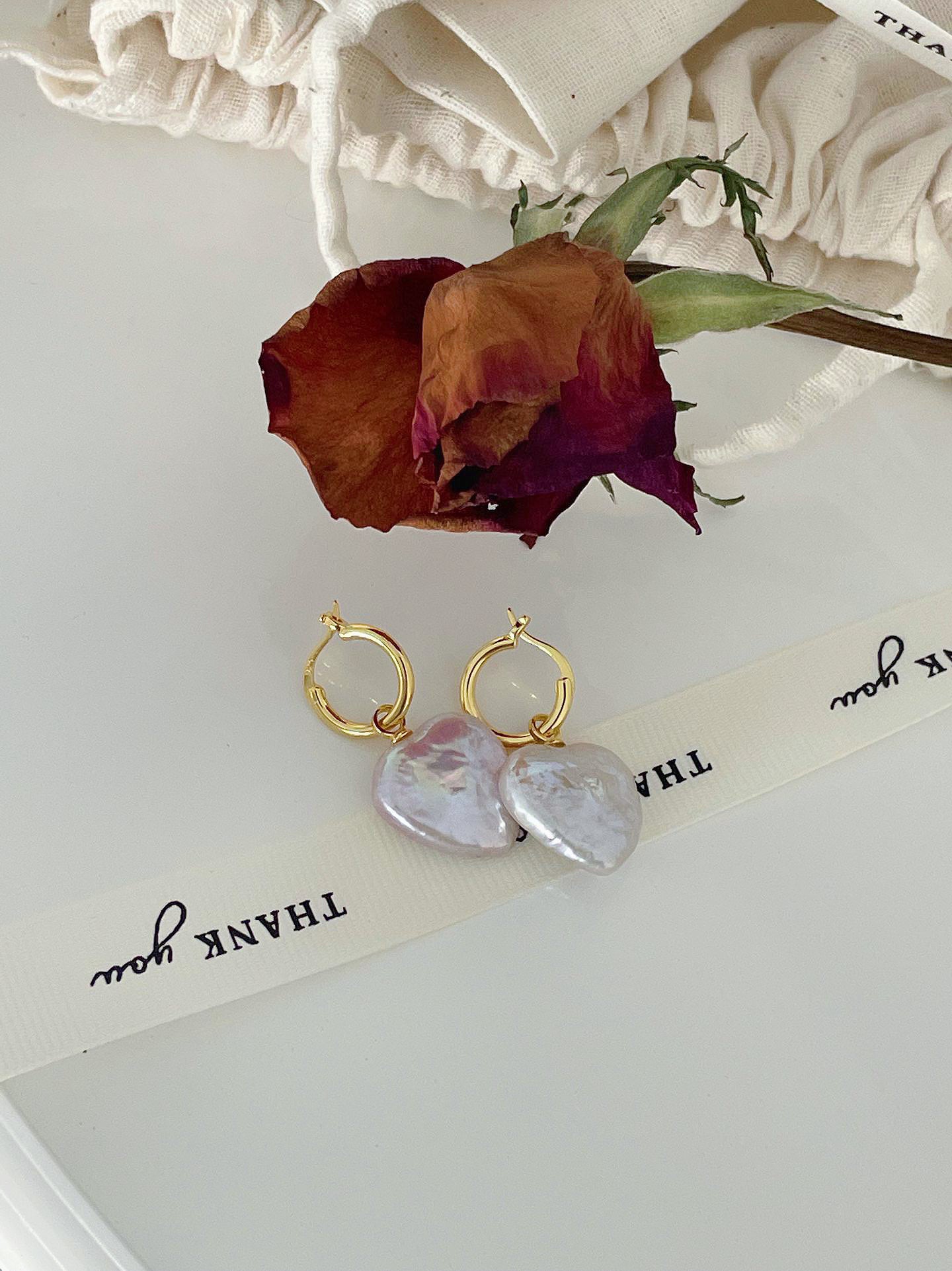 Peach Heart Cream Purple Flat Baroque Earrings