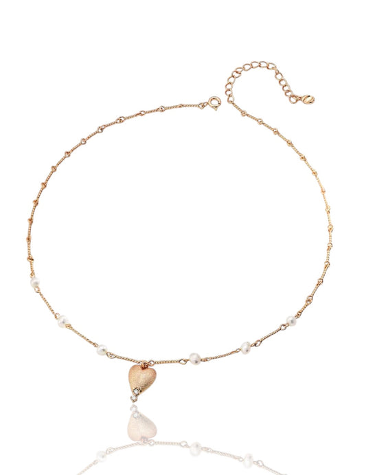Metallic Heart Pearl Chain Necklace