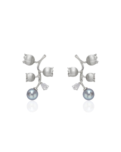 “Floral words” lily-of-the-valley Blue Akoya Pearl Earring
