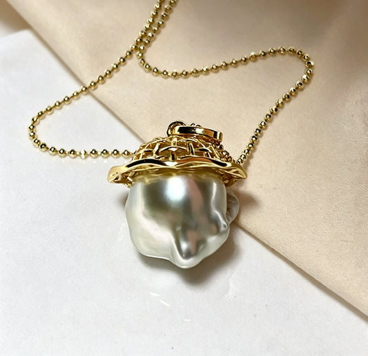 “Golden Mushroom” Seawater Australian-Golden Baroque Pearl Featured Pendant