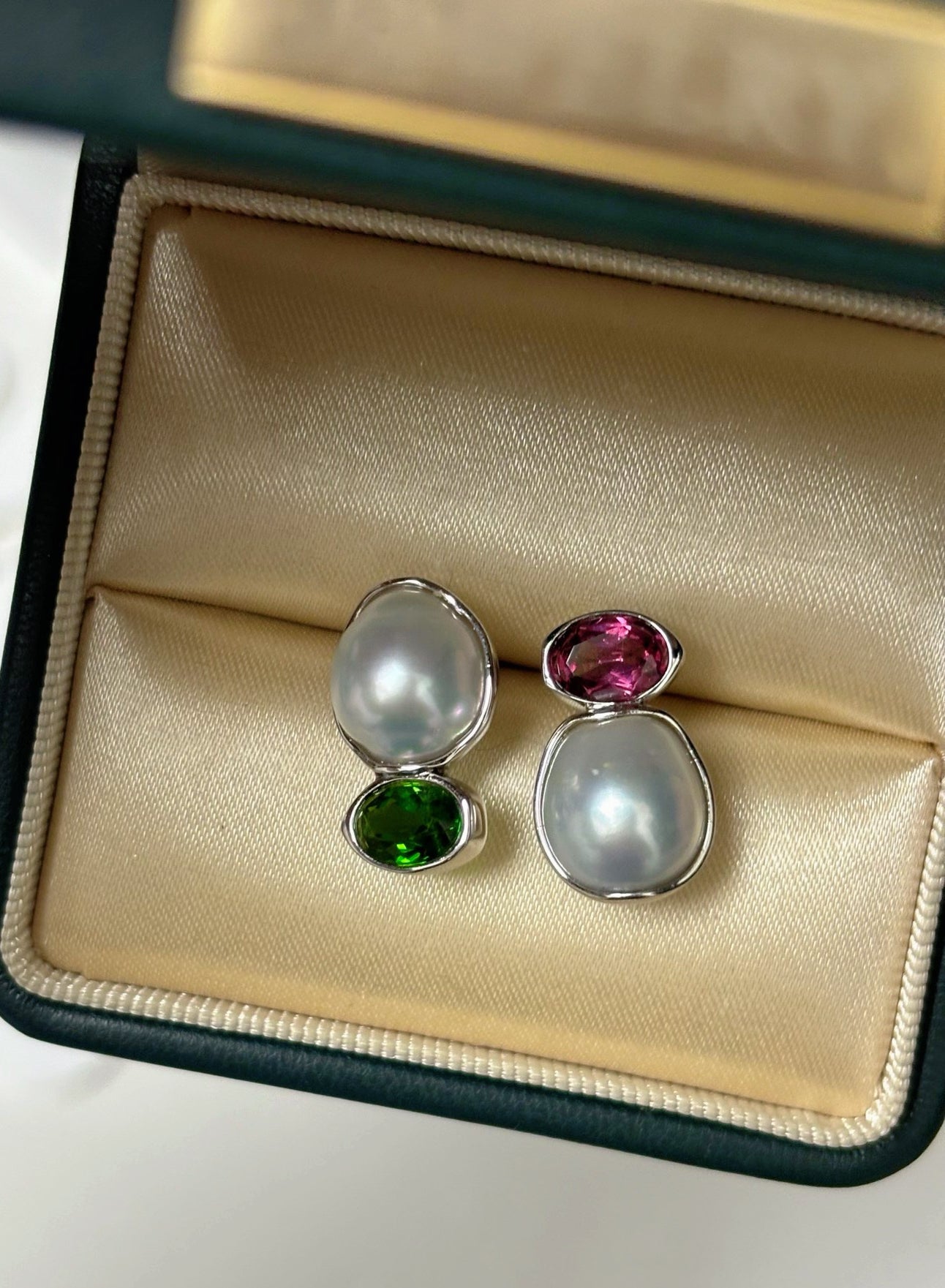 ‘Dual Lumina’ Blue Blood Australian White Pearl & Ruby & Emerald AB Earrings