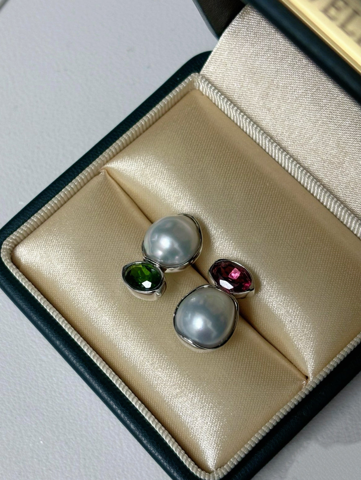 ‘Dual Lumina’ Blue Blood Australian White Pearl & Ruby & Emerald AB Earrings
