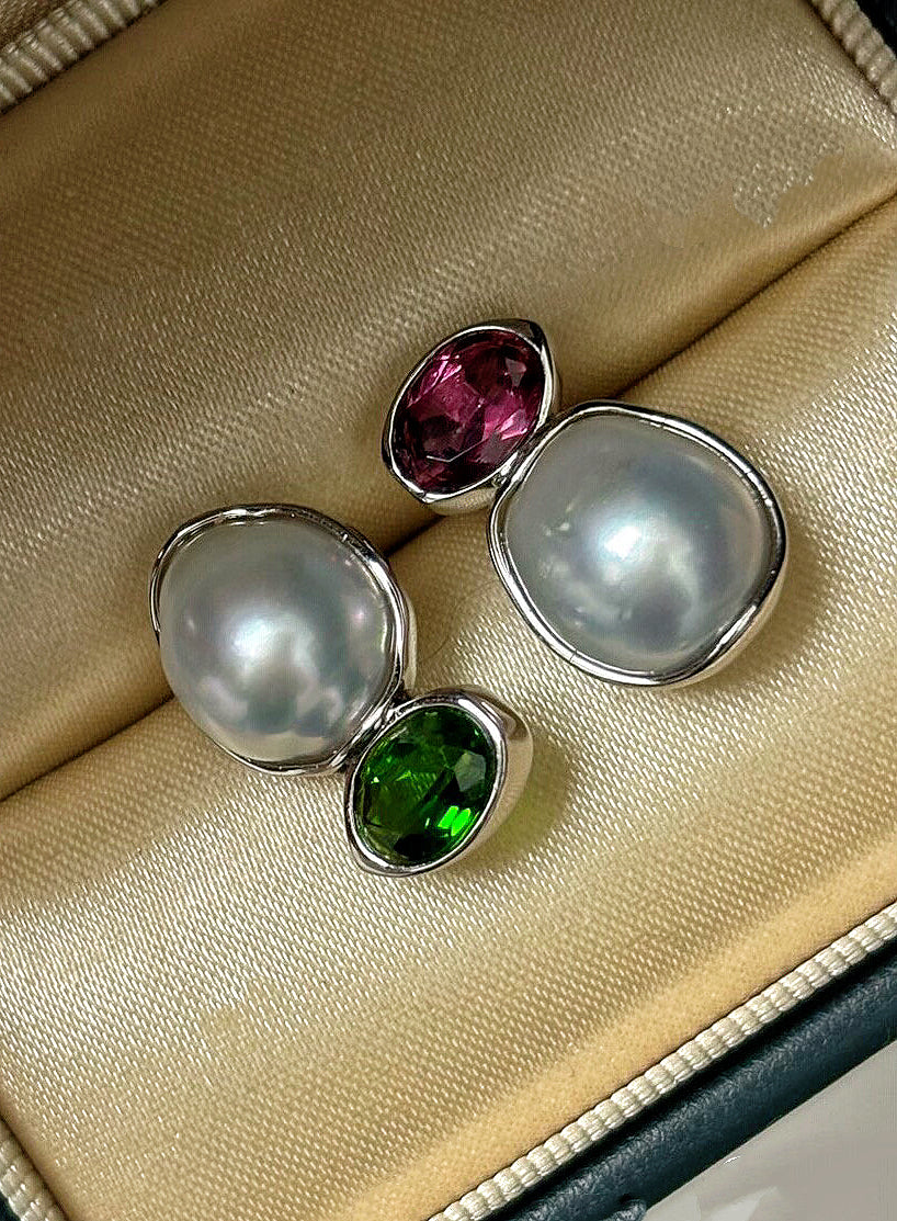 ‘Dual Lumina’ Blue Blood Australian White Pearl & Ruby & Emerald AB Earrings