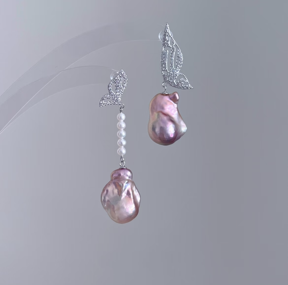 ‘Rose Garden’ Purple-Pink Baroque Silver Butterfly Earrings
