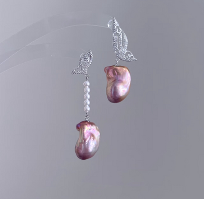 ‘Rose Garden’ Purple-Pink Baroque Silver Butterfly Earrings
