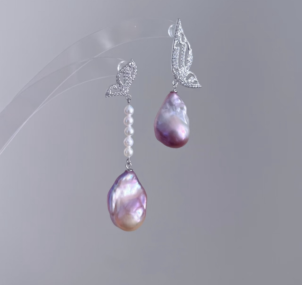 ‘Rose Garden’ Purple-Pink Baroque Silver Butterfly Earrings