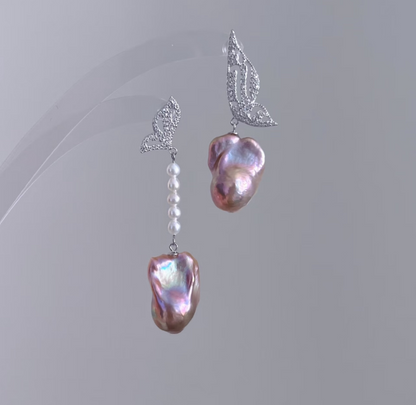 ‘Rose Garden’ Purple-Pink Baroque Silver Butterfly Earrings