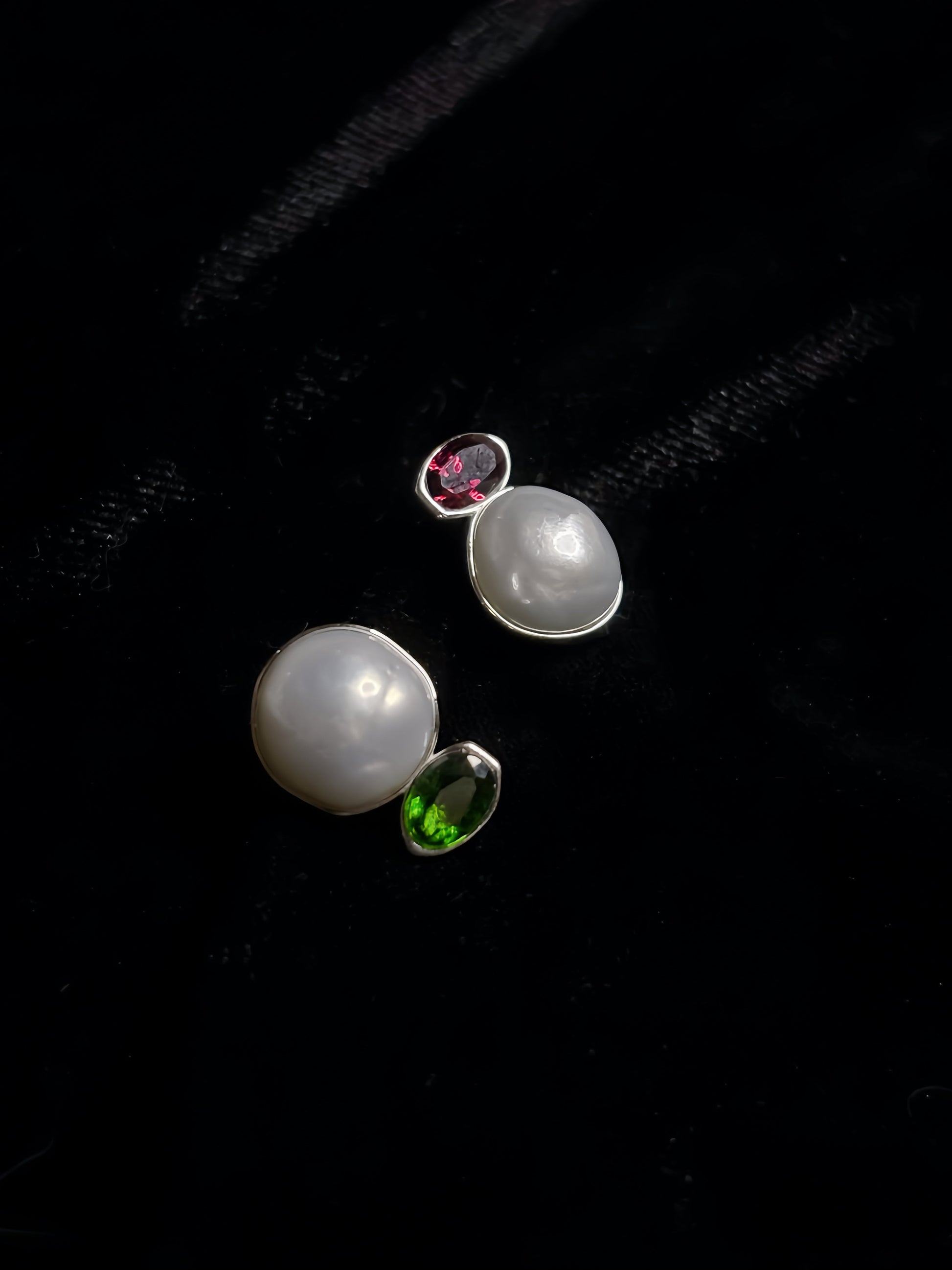 ‘Dual Lumina’ Blue Blood Australian White Pearl & Ruby & Emerald AB Earrings