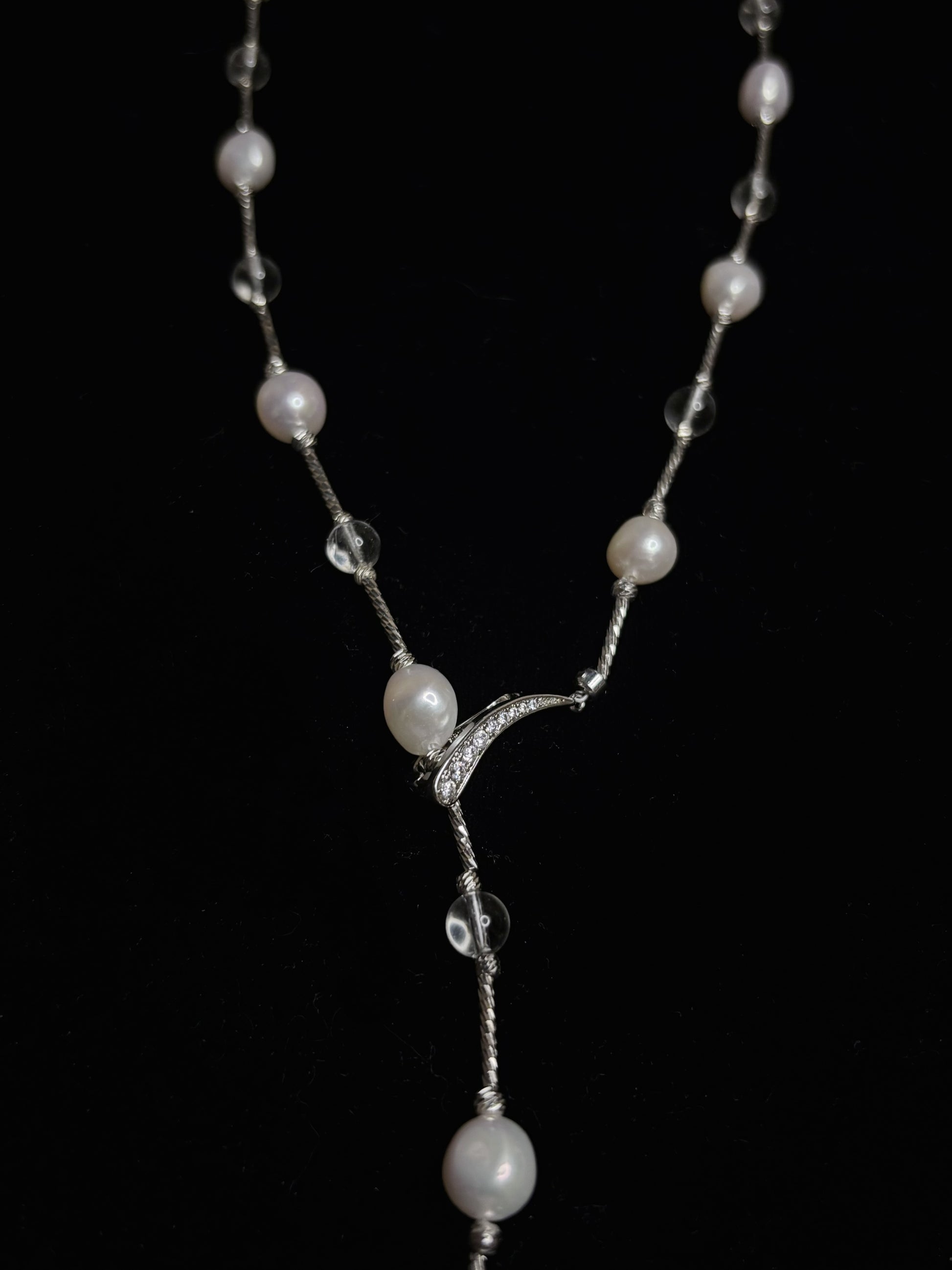 “Moonlit Stream” Freshwater Pearl & Clear Crystal Necklace