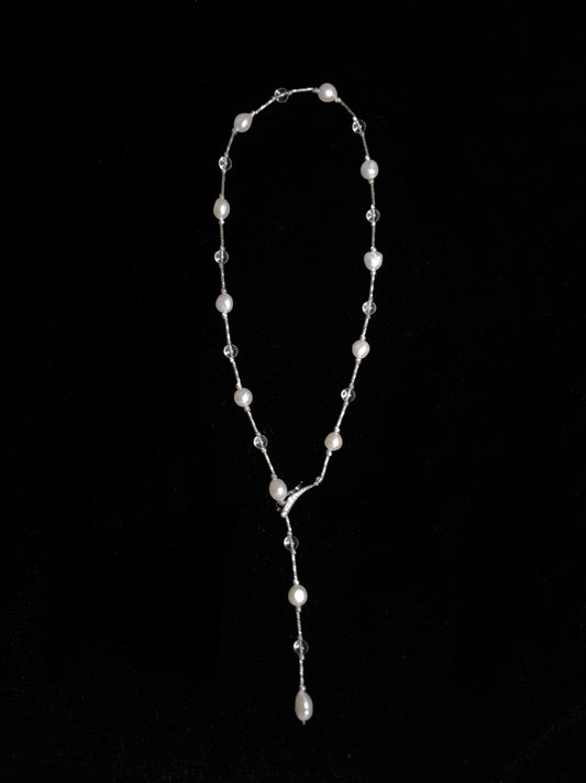 “Moonlit Stream” Freshwater Pearl & Clear Crystal Necklace