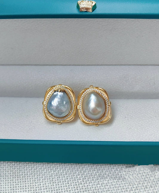 Vintage Court-Style Sea-Blue, Silver, and White Baroque Gold Earrings
