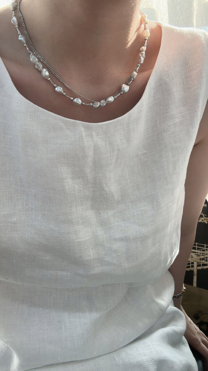 Silver and Blue Flow・Natural Keshi Pearl Silver Knot Necklace
