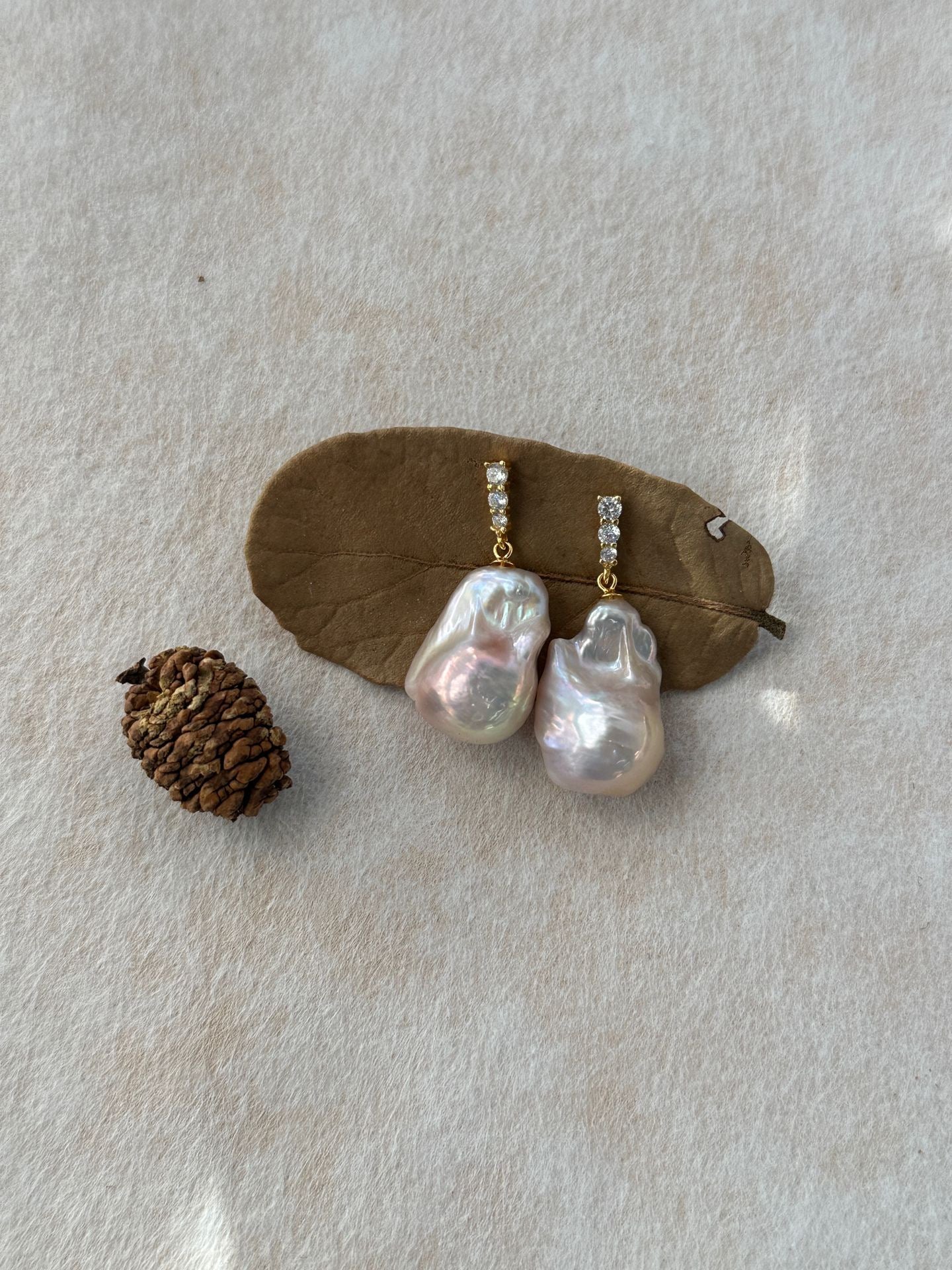 Fairy Pink Natural Freshwater Baroque Pearl Minimalist Diamond Stud Earrings