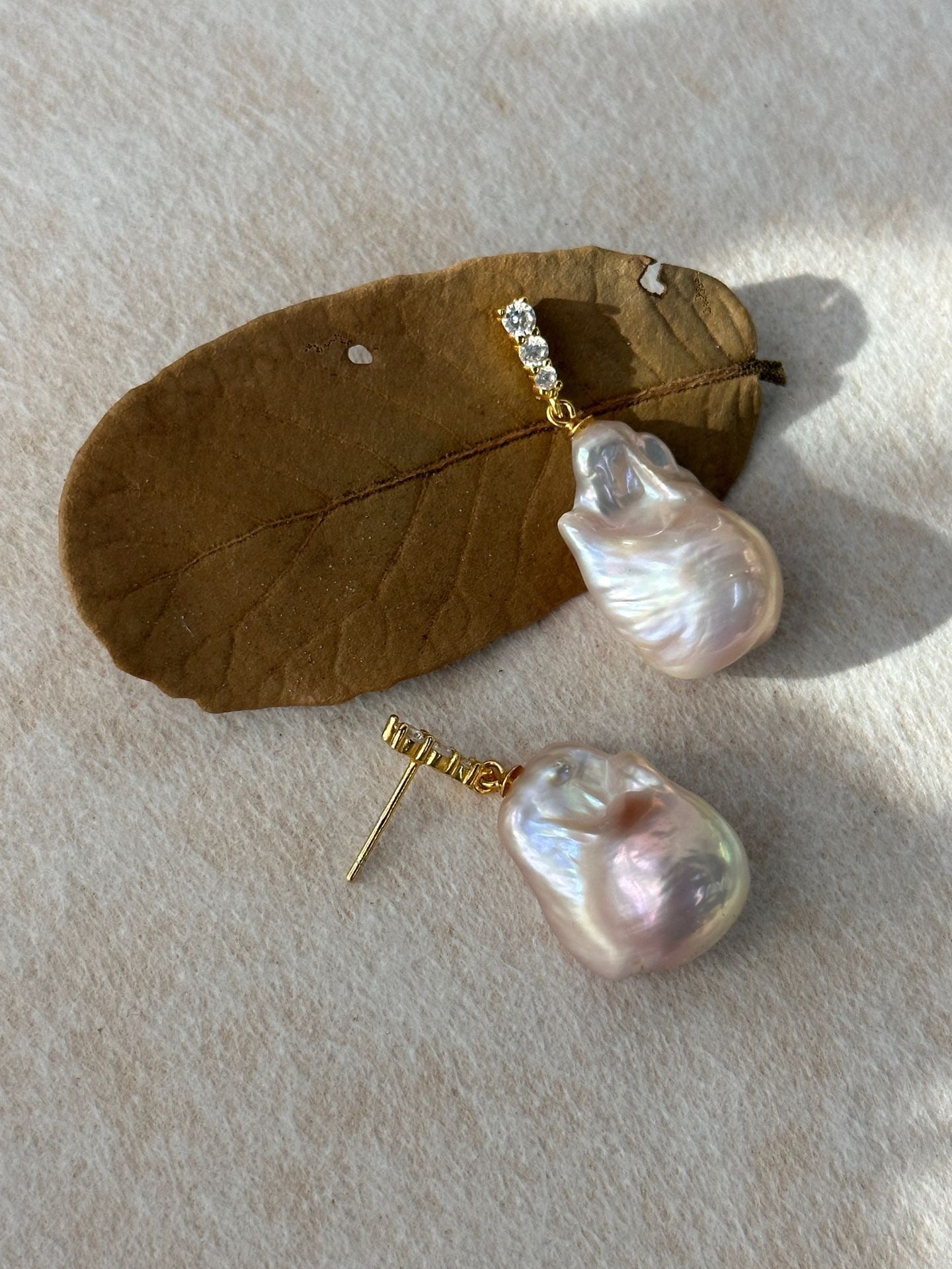 Fairy Pink Natural Freshwater Baroque Pearl Minimalist Diamond Stud Earrings