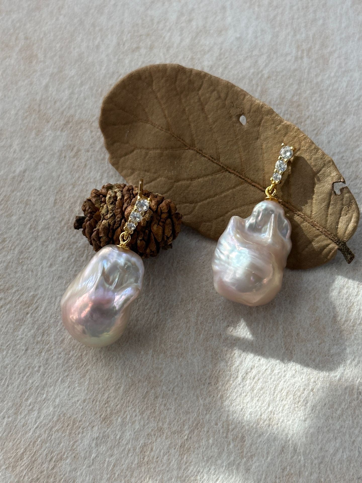 Fairy Pink Natural Freshwater Baroque Pearl Minimalist Diamond Stud Earrings