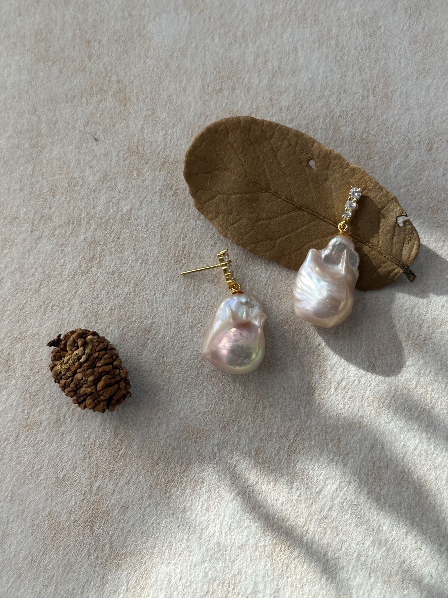 Fairy Pink Natural Freshwater Baroque Pearl Minimalist Diamond Stud Earrings