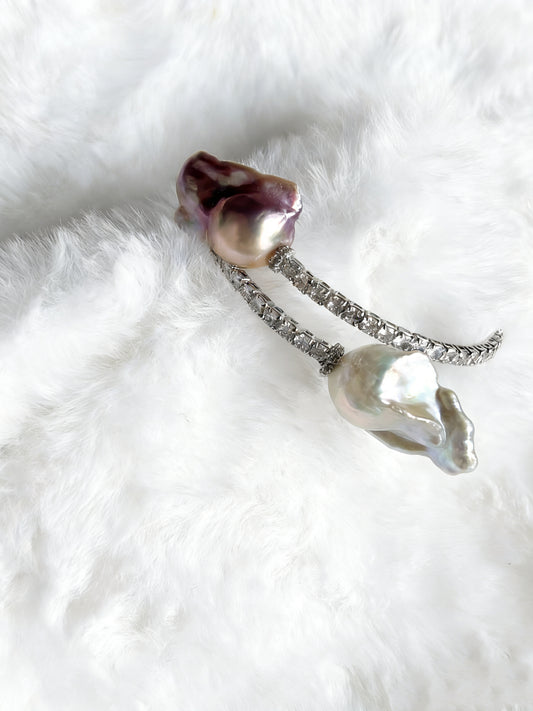 Exclusive Double-Circle Natural Snow-White & Pink-Purple Baroque Pearls, Gorgeous Crystals Diamonds Bracelet