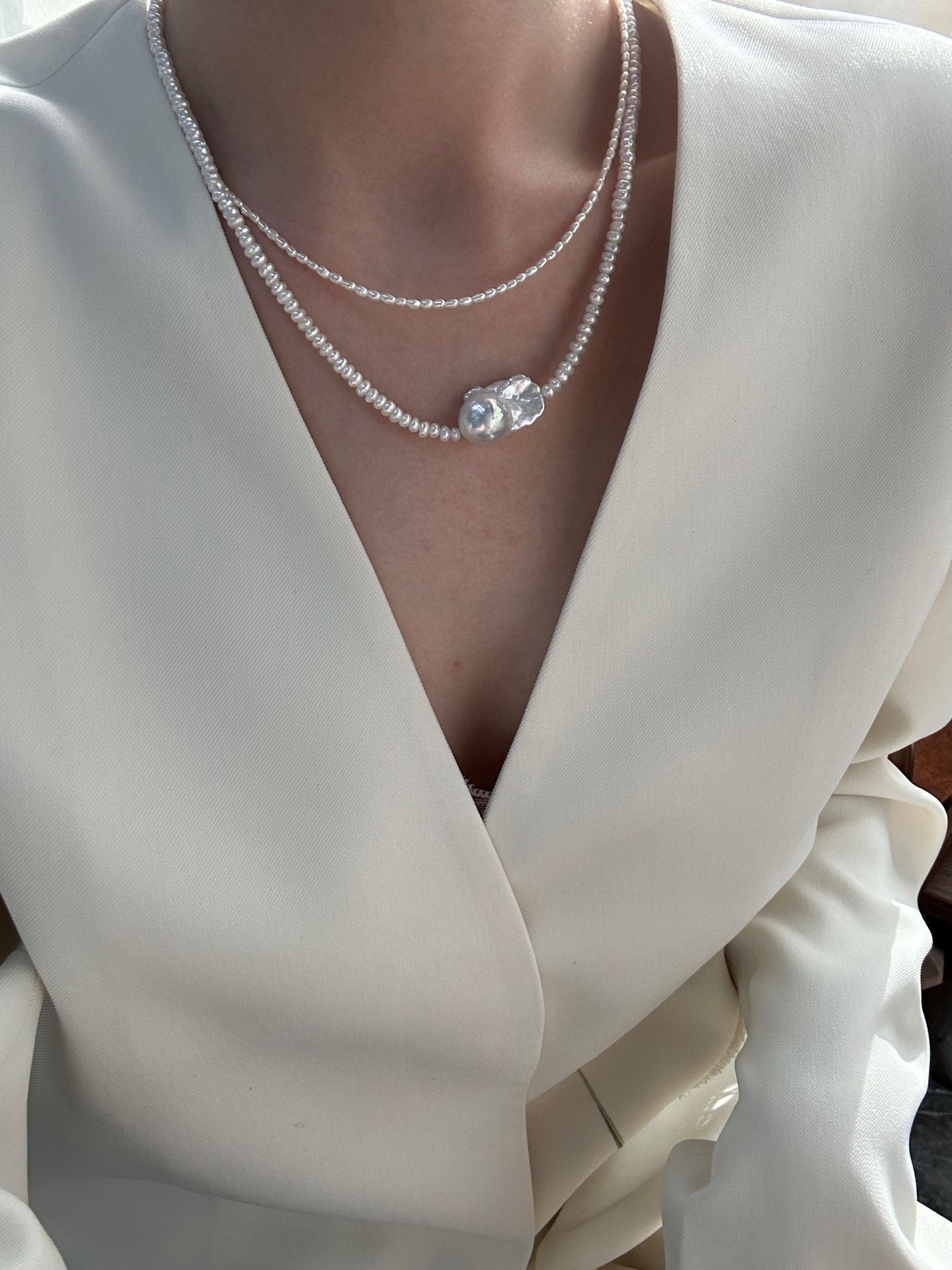 Aurora Snow-White Baroque and Rice-Grain Natural Pearl Necklace
