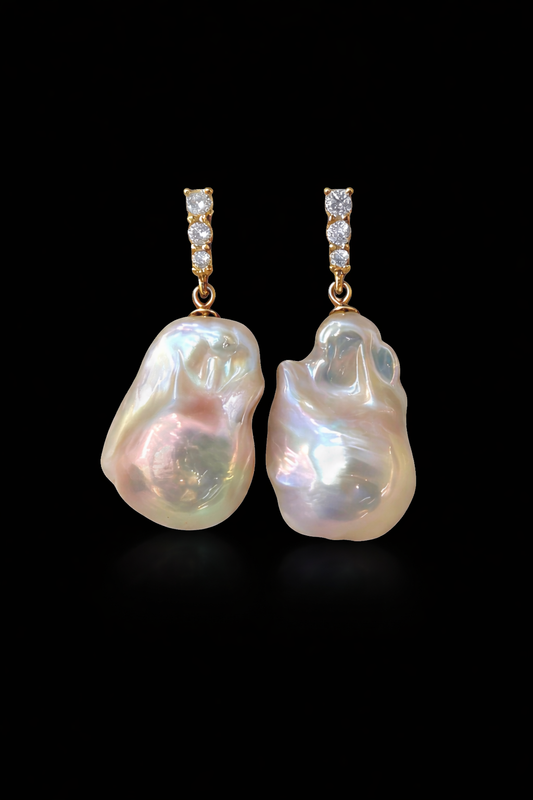 Fairy Pink Natural Freshwater Baroque Pearl Minimalist Diamond Stud Earrings