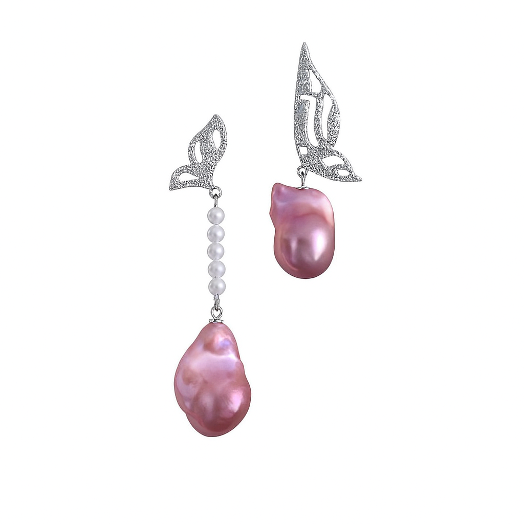 ‘Rose Garden’ Purple-Pink Baroque Silver Butterfly Earrings