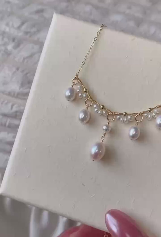‘Flowers and Alice’ Hand-woven Mirror-luster teardrop freshwater pearls necklace