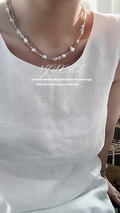 Silver and Blue Flow・Natural Keshi Pearl Silver Knot Necklace