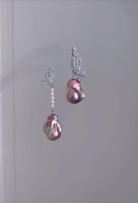‘Rose Garden’ Purple-Pink Baroque Silver Butterfly Earrings