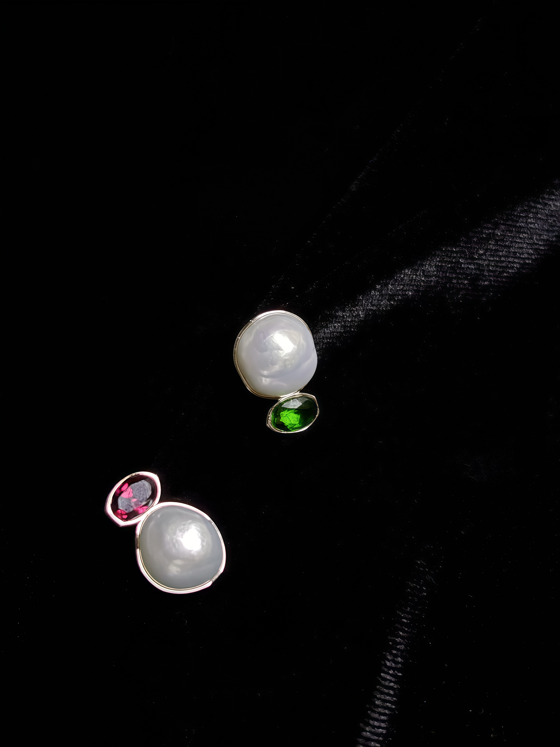 ‘Dual Lumina’ Blue Blood Australian White Pearl & Ruby & Emerald AB Earrings