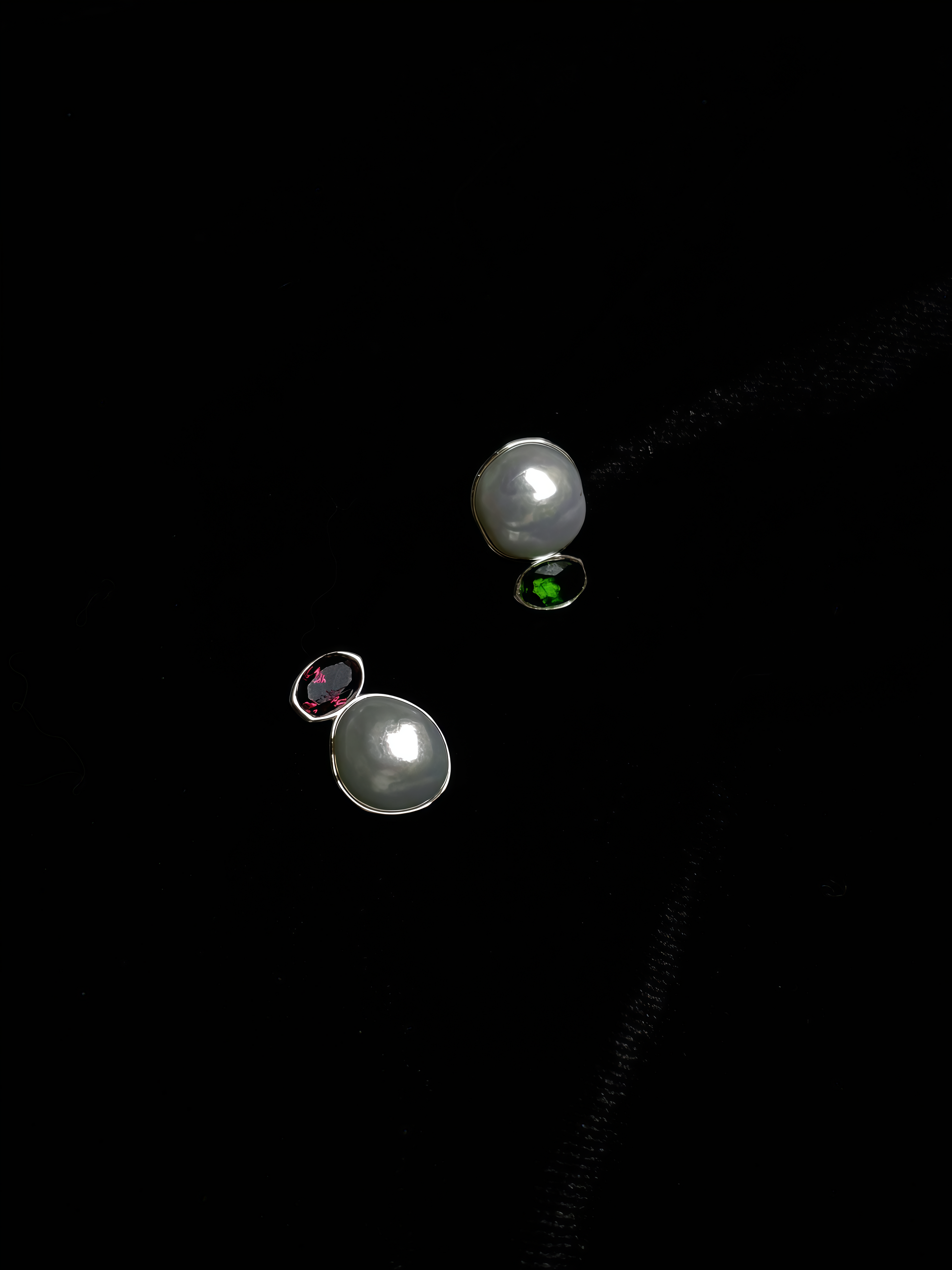 ‘Dual Lumina’ Blue Blood Australian White Pearl & Ruby & Emerald AB Earrings